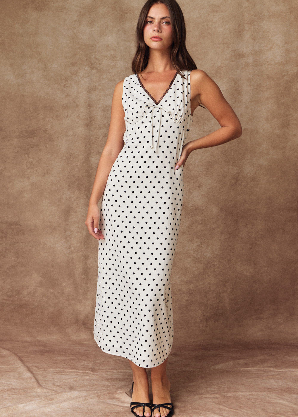 Polka Dot V Neck Midi Dress