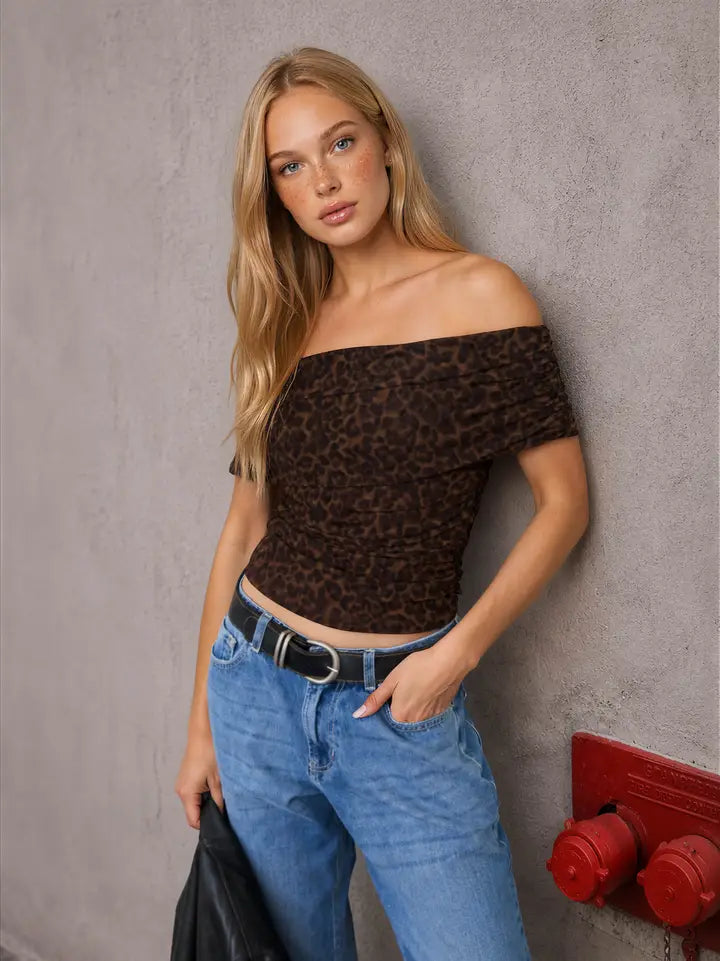 Off-Shoulder Ruched Mesh Animal Print Knit Top - Brown Multi