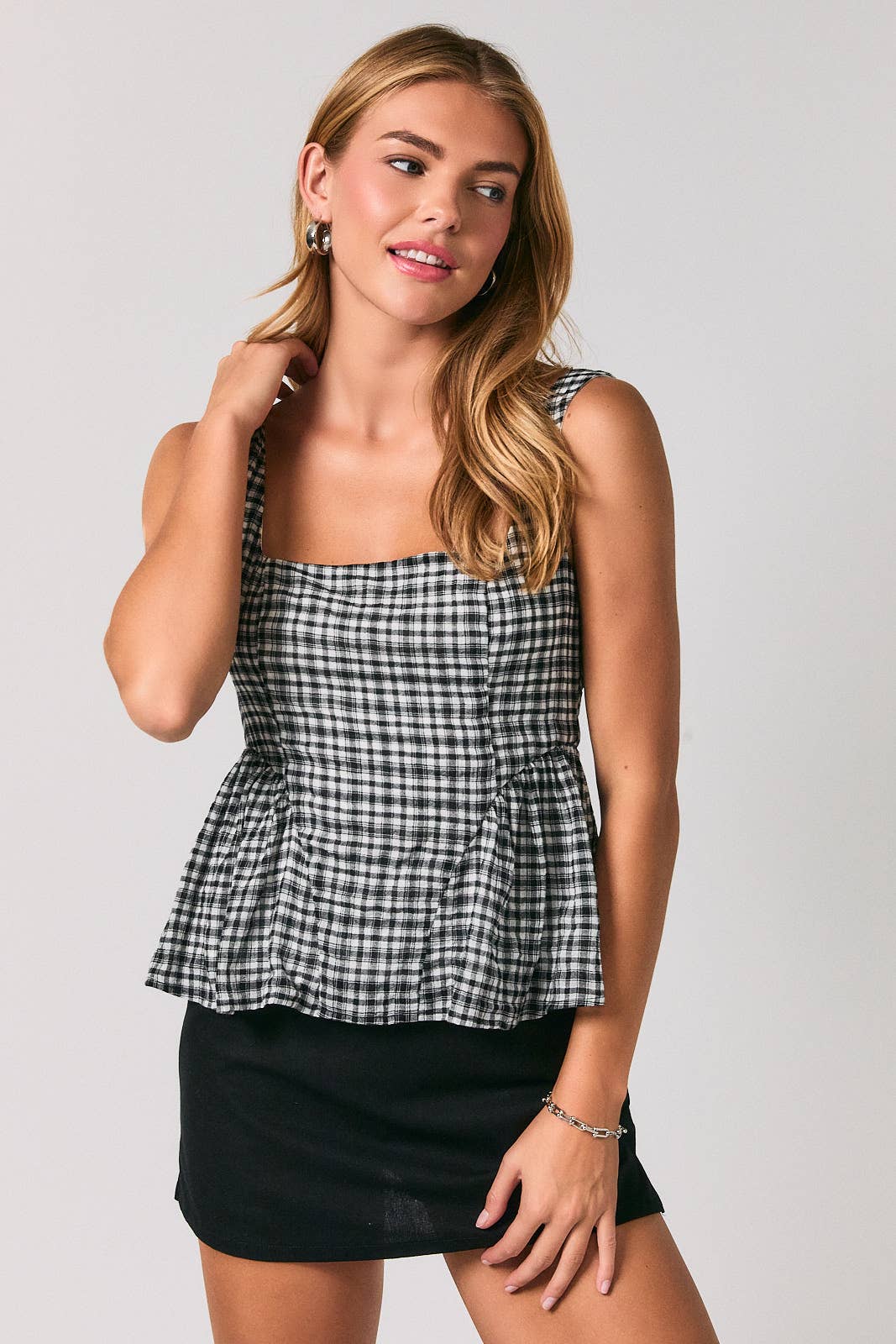Square Neck Sleeveless Peplum Top in White-Black Plaid by LE LIS