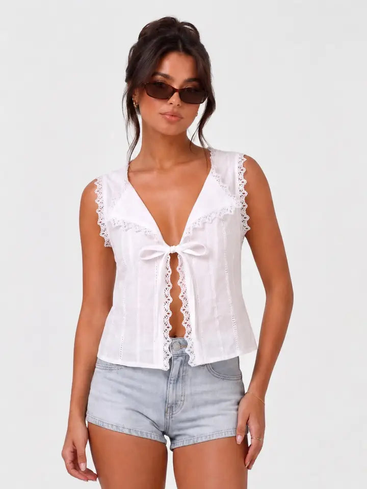 Lace Trim Tie Front Vest
