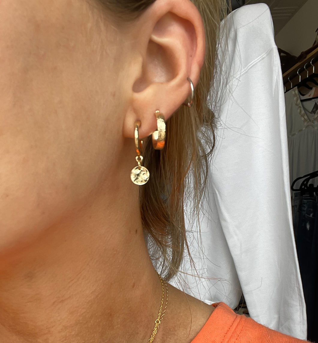 Matte Gold Huggie with Disc Charm Hoop Earring