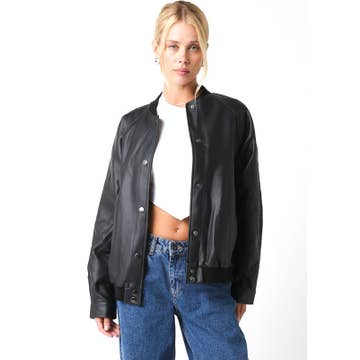 Olivaceous Harlow black bomber jacket with snap front