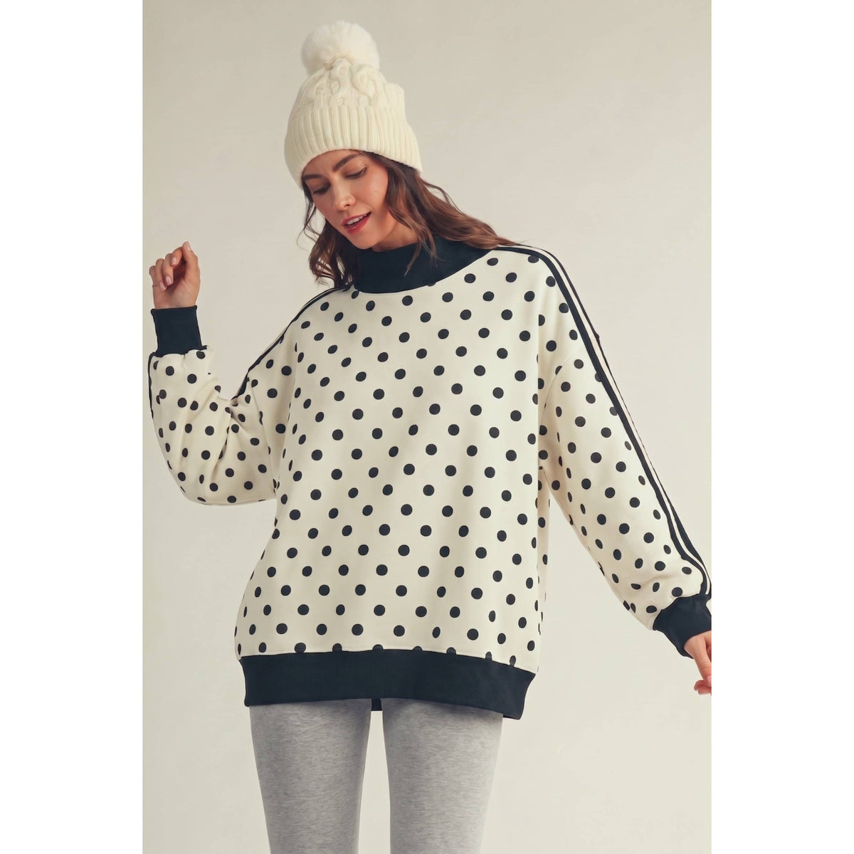 IVE ivory sweatshirt with black polka dots, mock neck and contrast sleeve stripes