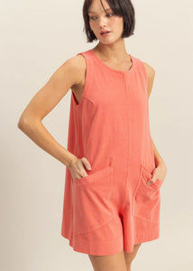 Pocket Detail Sleeveless Comfy Coral Romper