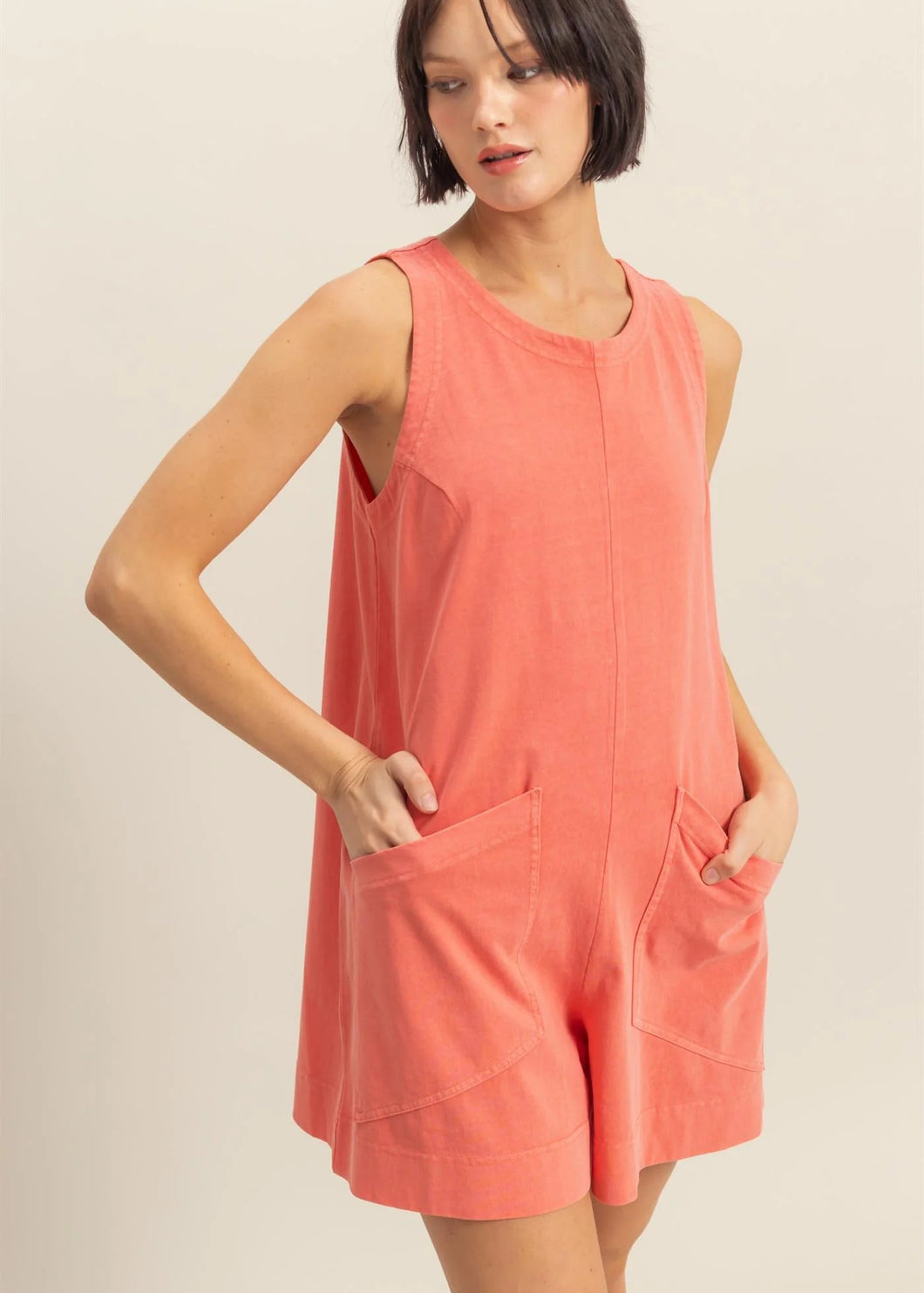 Pocket Detail Sleeveless Comfy Coral Romper