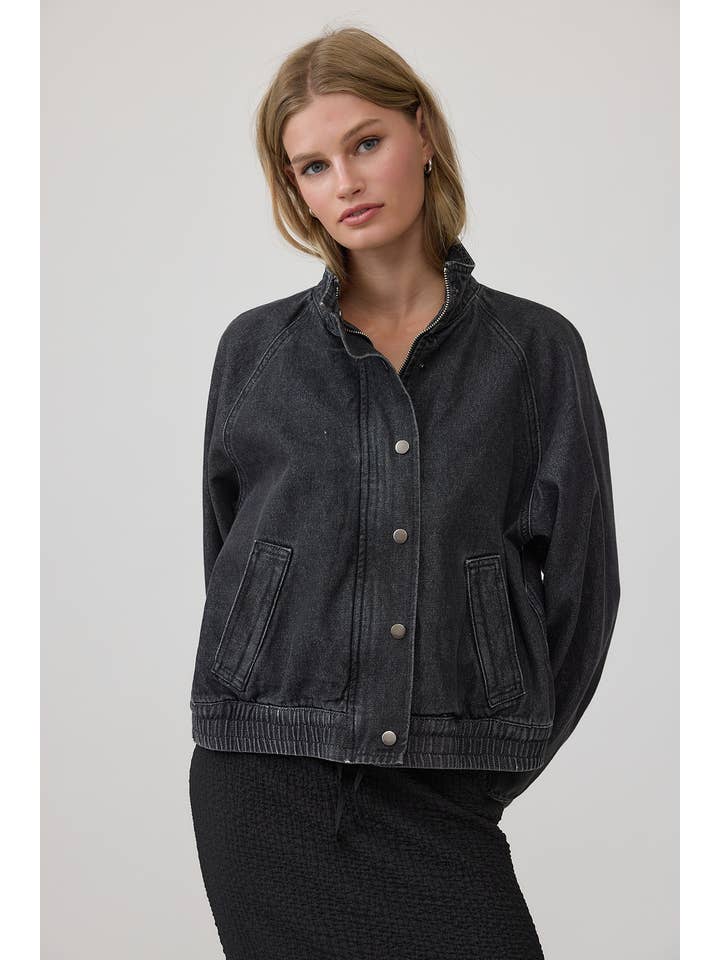 Washed Denim Bomber Jacket in Black Washed, front view