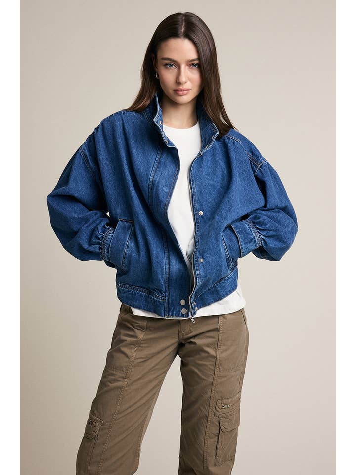 Gathered Denim Bomber Jacket in Denim, front view