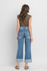 SUPER HIGH RISE DOUBLE CUFFED BAGGY WIDE JEANS