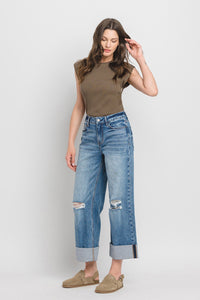 SUPER HIGH RISE DOUBLE CUFFED BAGGY WIDE JEANS