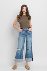 SUPER HIGH RISE DOUBLE CUFFED BAGGY WIDE JEANS