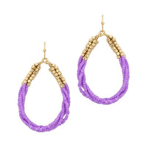 Purple Seed Bead and Gold Wrapped Teardrop 1.5" Earring