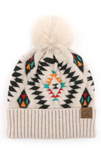 Load image into Gallery viewer, C.C Soft Aztec Pattern Beanie with Faux Fur Pom (White)
