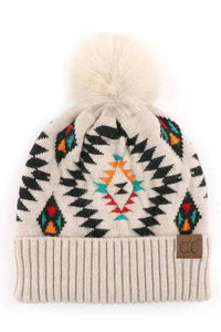 C.C Soft Aztec Pattern Beanie with Faux Fur Pom (White)