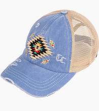Load image into Gallery viewer, C.C Aztec Patch Distressed Criss-Cross Pony Cap
