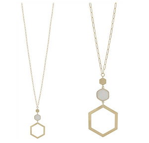 Natural Stone Hexagon and Gold 32" Necklace