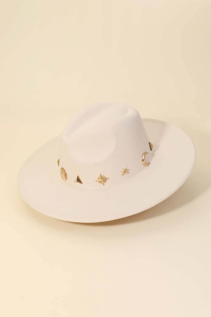 Studded Sun Moon Star Fashion Fedora Hat