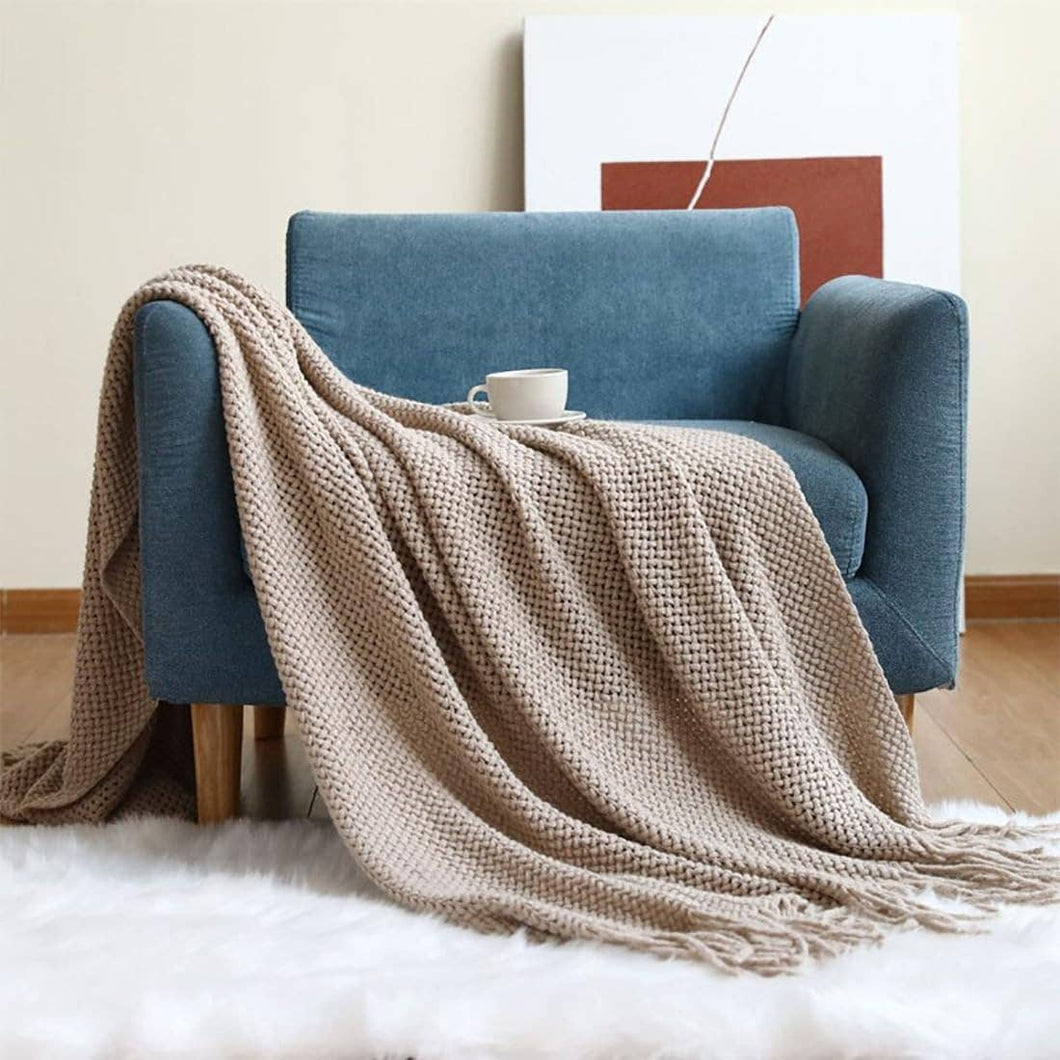 Knit Textured 50x60 Inch Throw Blanket with Fringe: Khaki
