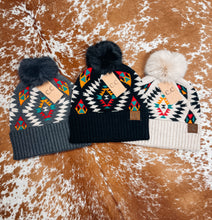 Load image into Gallery viewer, C.C Soft Aztec Pattern Beanie with Faux Fur Pom (White)
